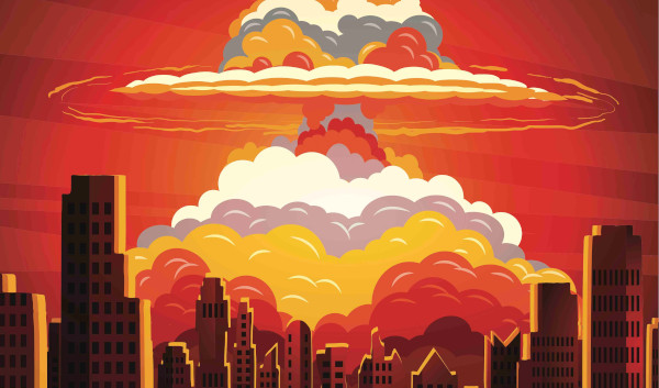 Skyline with red sky and explosion